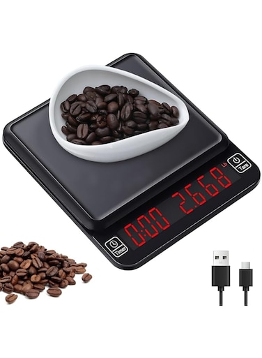 Gluckluz Coffee Scale with Timer 3kg/0.1g High Precision Espresso Weighing Scale Rechargeable Digital Coffee Beans Scale Electronic Food Scale with Tare Function &amp; LED Display for Pour Over Coffee