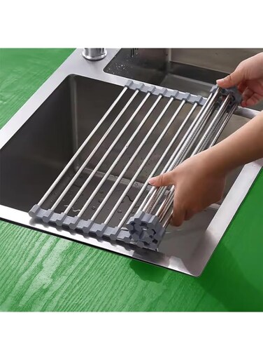 Maxter Foldable Stainless Steel Dish Drainer Rack 37 x 30 cm (MEDIUM) - Dish Rack for Sink with Roll-up Grid