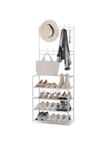 Xspring Shoe Rack for Closet, White 4 Tier Coat Rack with Shoe Storage, 60 Cm Shoe Organizer Cabinet with 8 Hooks, Durable Metal Pipes Shoe Shelf for Shoes Storage and Organization