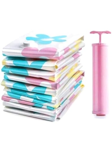 Dubai Gallery 10-Piece Vacuum Compression Storage Bag With Pump White/Blue/Pink