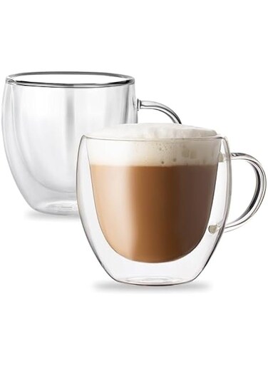 Walled Glass Coffee Mugs Set of 2, 8.5 OZ Clear Glass Insulated Mugs with Handle for Cappuccino, Tea, Latte, Cups, Beverage Glasses Heat Resistant