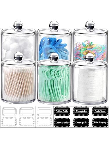 6 Pack of 12 Oz. Qtip Dispenser Apothecary Jars Bathroom with Labels - Holder Storage Canister Clear Plastic Acrylic Jar for Cotton Ball,Cotton Swab,Cotton Rounds,Floss Picks, Hair Clips (Clear)