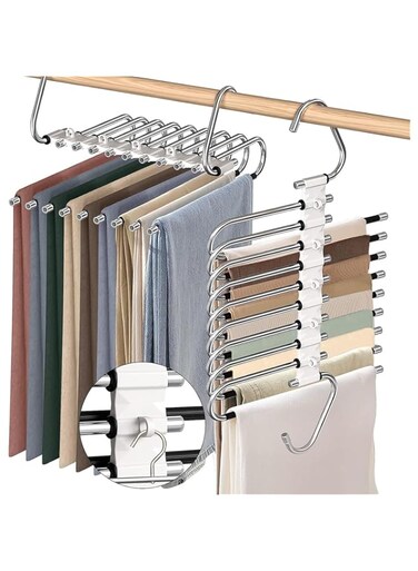 Aokraty 2 Pack Upgrade 9 Layers Pants Hangers, Non Slip Stainless Steel Multifunctional Pants Rack S-Type Clothes Pant Closet Hanger Organizer with Hooks for Pants Jeans Trousers Skirts (Black)