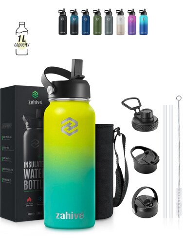 Insulated Stainless Steel Water Bottle with Straw with 3 Lids and Bag 1000 ml, Double Wall Thermos for Hot and Cold Drinks for Gym and Work, Wide Mouth, Leak Proof, 1 liter, Yellow Green