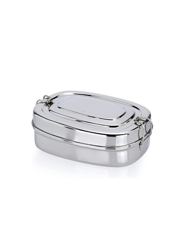 Stainless Steel Tiffin Lunch Box Rectangle 2 Compartments and Locking Clip Medium