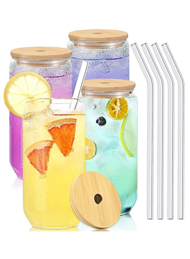 of 4 Can Shaped Glass Cups with Bamboo Lids &amp; Straws - 500ml Transparent Drinkware for Water, Juice &amp; Mixed Drinks - Perfect for Any Occasion