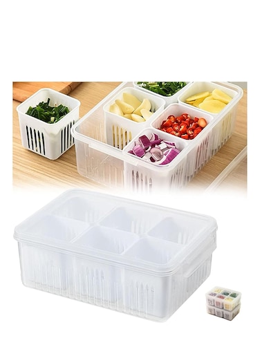 Set of 2 Fridge Organizer, Fruit Vegetable Storage Containers with Lid &amp; Colander for Kitchen  BPA-Free Plastic Fresh Keeper Set   for Salad Lettuce 6 Compartments in Each Box