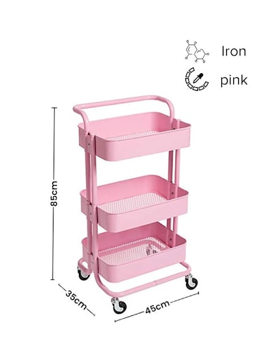 3-Tier Rolling Shelves Metal Cart Organizer Pink 85x45x35cm