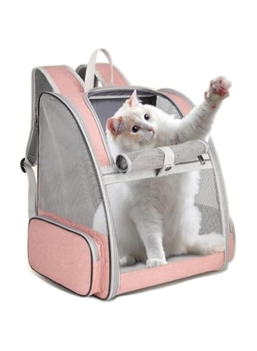 CENXI Cat Carrier Bag, Pet Carrier Backpack with Pet feeding bowl, Cat Carrying Backpack for Medium Small Dog, Cat, Bunny, Ventilated Mesh Dog Travel Backpack for Outdoor Use (Pink)