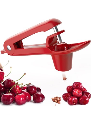 Pitter - Stainless Steel Cherries Corer Pitter Tool with Hand-held Push Design, Save Time &amp; Space for Making Cherry Jam with Lock Design(Red)