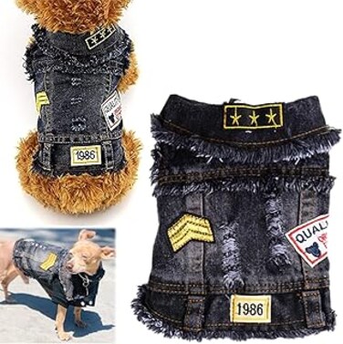 Joyzzz Dog Jean Jacket, Pet Vests, Dog Denim Jacket Hoodies, Puppy Denim T-Shirt, Machine Washable Dog Clothes, Comfort and Cool Apparel, Puppy Jacket for Small Medium Dogs (L, Black Print)
