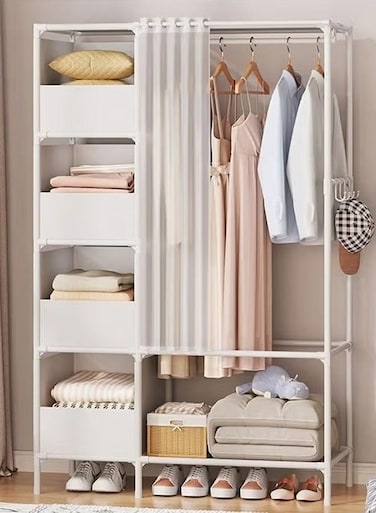 Portable Wardrobe Storage Closet, Clothes Storage Cabinet with Curtain, Clothes Rack Multi-functional Storage Clothes Hanging Multi-Layer Shelving for Living Room, Bedroom, Clothes Room