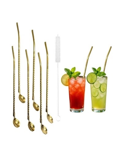 Premium Stainless Steel Spoon Straws Set, Golden 304 Grade Steel, 21.5 cm Length, Rust-Resistant Filter Spoon Design, 7-Piece Set (6 Straws + Cleaning Brush), Dishwasher Safe &acirc;&euro;&ldquo; SOBHYS