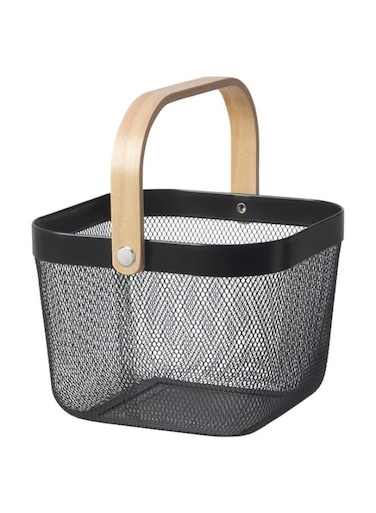Basket Black 25x26x18 cm Durable Metal Mesh Storage Basket with Wooden Handle