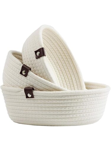 THMINS Woven Storage Baskets,3 Piece for Organizing Rope, Storage Basket, Cotton Rope Storage, Durable Nursery Baskets, Organizer Bins, for Baby Toys, Cotton with Corn Skin Design,white