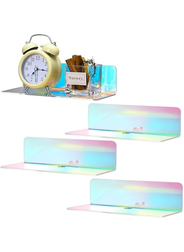 Weysat Floating Shelves for Wall 9 Inch Acrylic Small Wall Hanging Shelves Adhesive Screwless Display Holder with Cable Clips and Stickers for Bathroom Bedroom Office(Iridescent,4 Pcs)