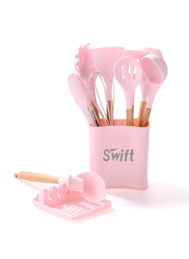 13 Pcs Silicone Cooking Utensil Set, Spatulas Nonstick Heat Resistant Cookware Set, Wooden Handle with Storage Bucket Pink