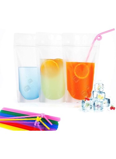 Azonee 100pcs Plastic Drinks Flasks Zipper Stand-Up Pouches Bags Heavy Duty Hand-Held Translucent Heat-Proof Bag with 100 Drink Straws Colorful Straws Reusable Juice Pouches for Adults and Kids