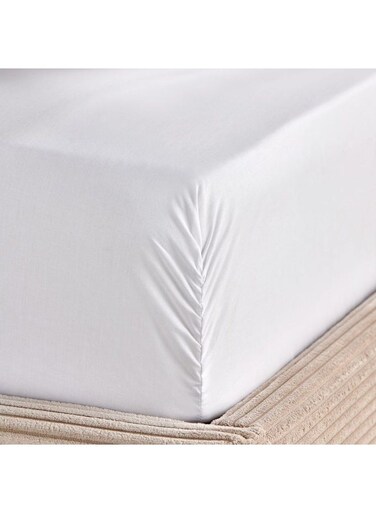 HOME Serene 2-Piece Twin Fitted Sheet Set - 300 TC 100% Cotton, White, 120x200cm + 25cm Deep Pocket, Soft &amp; Durable Bedding For Comfortable Sleep