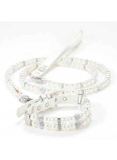 2 Pieces Dog Artificial Pearl Collars Leash Set 2 Rows Pet Imitated Pearl Necklace and Imitated Pearl Wire with Crystal Rhinestone Cat Imitated Pearl Neck Strap for Pet (White, XS)