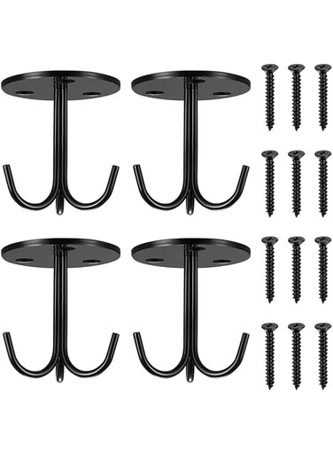 MAKINGTEC Ceiling Hooks for Hanging Plants, 4 Pcs Heavy Duty Ceiling Hooks, Wall Mount Plant Hangers, Black Metal Three Prong Ceiling Hook Plate for Hanging Plants