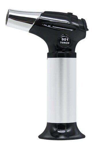 Premium Butane Torch, Camping Lighter, Professional Kitchen Lighter with Safety Lock and Adjustable Flame, Butane Torch Lighters For Desserts   Camp Fire.   Hiking   BBQ (Silver) Gas Included