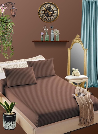 Pastel Brown Cotton Queen Striped Fitted Elastic Bedsheet Sets 180x200+25cm
