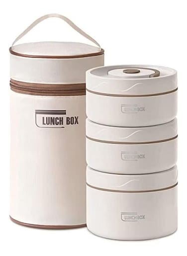 Set of 3 Tier Microwaveable Thermal Lunch Box, Portable Insulated Lunch Containers with Bag, Leakproof Stackable Stainless Steel Food Container for Adults, Kids, Insulated Bento Boxes (beige)