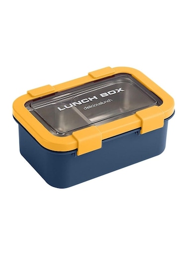 Two Compartment Lunch Box with Cutlery 850ml, SUS304 Stainless Steel Interior, Navy Blue/Yellow