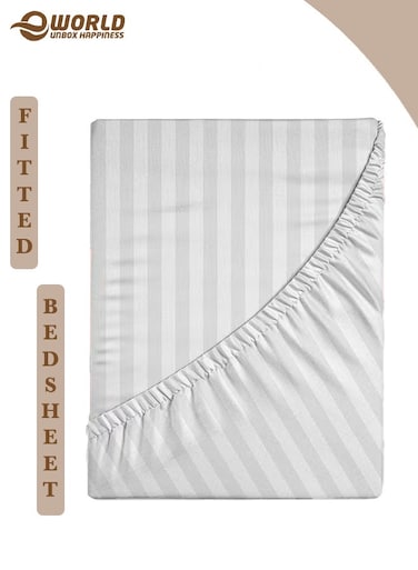 White Striped Microfiber Fitted Bedsheet with Deep Pocket for a Snug Fit, Breathable, Machine Washable for Optimal Protection, Available in King, Queen and Single Sizes, Without Pillow Cover