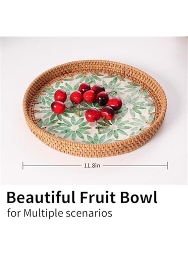 Tray with Mother of Pearl Inlay, Display Wicker Basket for Decor, Round Serving Tray for Bread Fruit Coffee Decoration and Daily Necessity (11.8")(A)