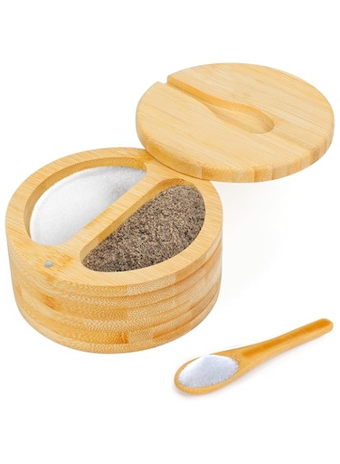 . Salt Container, Large Bamboo Salt Cellar Spice Box with Magnetic Swivel Lid &amp; Spoon, 2-Compartment Salt and Pepper Storage Box, Holder for Table Salt, Gourmet Salts, Spices, Dual 6oz Capacity