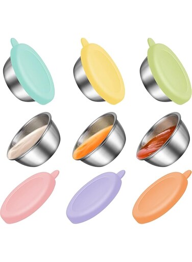 6 Piece Salad Dressing Container To Go, 6x1.6 oz Reusable Small Condiment Containers with Lids,18/8 Stainless Steel Condiment Cup, Premium Silicone, Easy Open,Premium Silicone Lids Dipping Sauce Cups