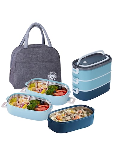 Stainless Steel Lunch Box for Kids,1900ML 3 Layer Meal Lunch Container Snack Box With Bag for Kids School and Adults - Leakproof - BPA Free - Microwave &amp; Dishwashing Safe Bento Box（Blue）