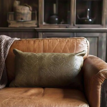Home Engraved Damask Leather Cushion - Olive