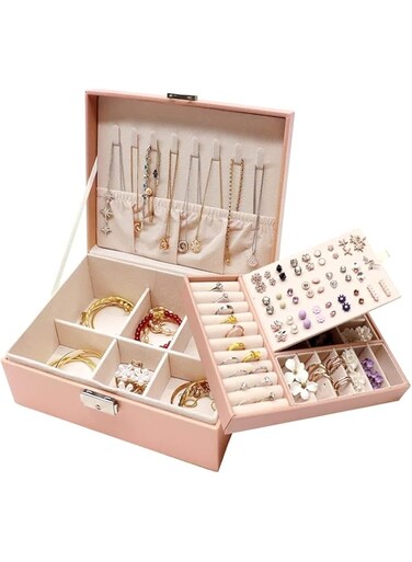 ANTOLE Jewelry Box for Women Girls,2 Layer Jewelry Organizer with Removable Tray Display, PU Leather Display Jewellery Holder for Earring, Ring, Bracelet, Necklace (Pink)