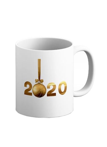 Year 2020 Christmas Ball Printed Ceramic Coffee Mug White/Brown