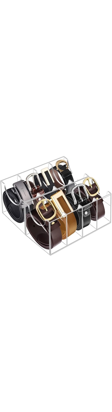 Hlimior Belt Organizer, Acrylic 8 Compartments Belt Container Storage Holder, Acrylic Belt Display Storage Box, Clear Belt Display Case for Closet Tie and Bow Tie Watch Jewelry Bracelets Ring
