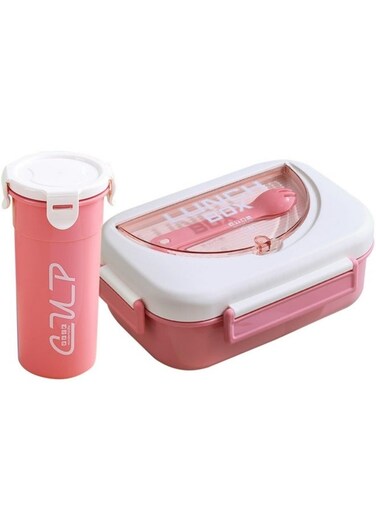 Bento Lunch Box Water Cup Set for Kids,1000ml Bento Lunch Box Set with 400ml Water Bottle, 4 Compartments Portions Lunchbox with Tableware and Sauce Containers Pink