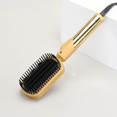 Enzo EN-4002 New 2025 Gold Hair Straightener Brush, Salon Styler Hair Dryer And Volumizer Ceramic Heating Ionic Hair Straightener Comb, Anti-Scalding - Intl Version - Gold