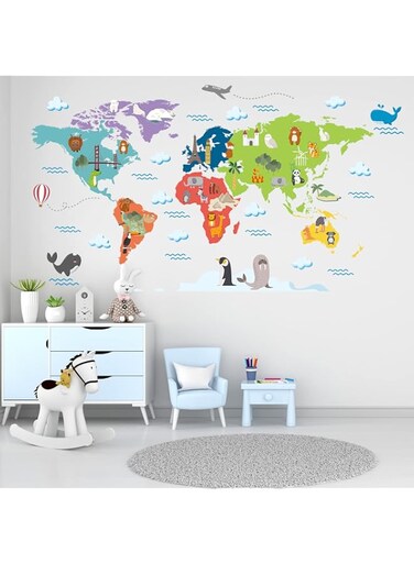 AnFgiure Animal World Map Kids Wall Stickers - Kids Girls Boy Baby Room Nursery Wall Decals - Playroom Classroom Daycare Bedroom Kindergarten Wall Decor