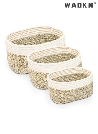 Cotton Rope Storage Baskets - Set of 3   Small Brown &amp; White Baskets for Shelves   Organizer Bins for Nursery &amp; Bathroom