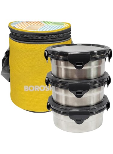 Borosil Sunshine Yellow Stainless Steel Lunch Box, Set of 3 Containers with Lunch Bag, Leak-proof Lunch Box with Grey Lid, Round Lunch Container for School &amp; Office, 400 ml x 3