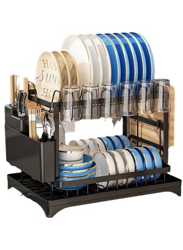 2 Tier Foldable Dish Drying Rack with Utensil Holder Cutting Board Holder Drainboard Tray Rotatable Drainage System Scratch Resistant Frosted Baking Process Coatings