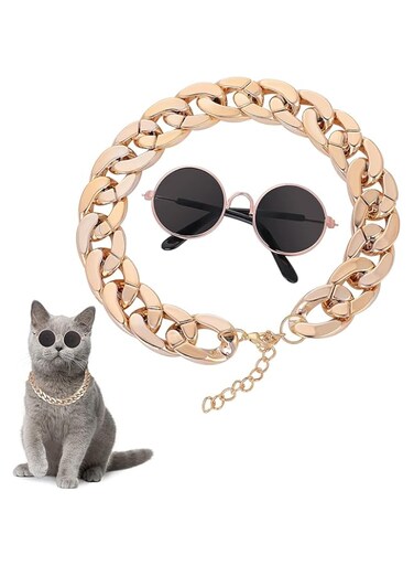 Cat Sunglasses Gold Chain, 2 Pcs Pet Cat Costume Decorations UV Protection Classic Retro Puppy Retro Sunglasses Faux Photo Props Pet Sunglasses Faux Gold Chain Collar Puppy Cat Summer Beach Glasses
