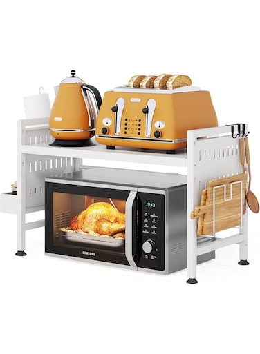 U-HOOME Extendable Microwave Oven Rack,Microwave Stand with Spice Organizer&amp;Paper Towel Holder,Microwave/Toaster Oven Shelf Kitchen Countertop Organizerwith Hooks&amp;Cutting Board Holder (White-2Tier)