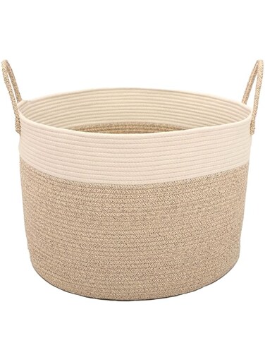 FCG Home - Cotton Rope Basket 50x35cm Woven Rope Basket with Handles for Storage of Laundry, Toys, Pillows, Baby, Blanket, Towels, Throws (White &amp; Beige)