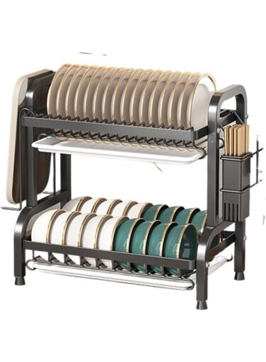Multifunctional Kitchen Storage Organizer Carbon Steel Dish Drying Rack Utensil Holder Countertop Modern ([Black] Double-Layer 43cm-Full Match)