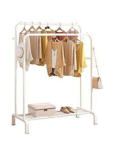 Showay ClothingDouble Rod Garment Rack With Shelves, Metal HangDry Clothes Rack For HangingClothes，Double Layer ，4 Hooks，White (47.5Inch)