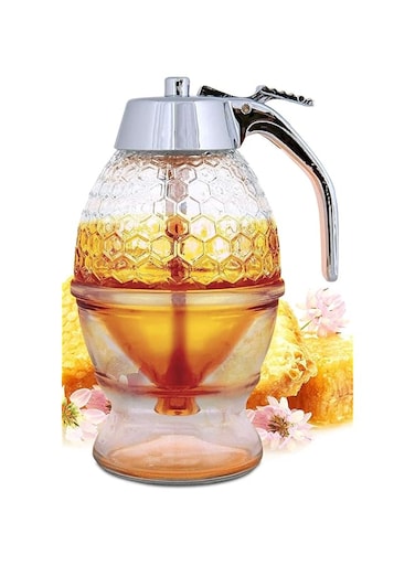 Honey Dispenser No Drip Glass - Maple Syrup Dispenser Glass - Beautiful Honey Comb Shaped Honey Pot - Honey Jar with Stand, Great Bee Decor